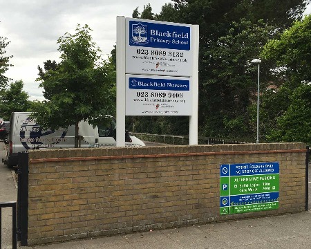 Blackfield School's entrance sign after it was installed