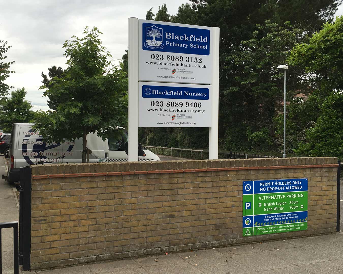 Blackfield School's entrance sign after it was installed