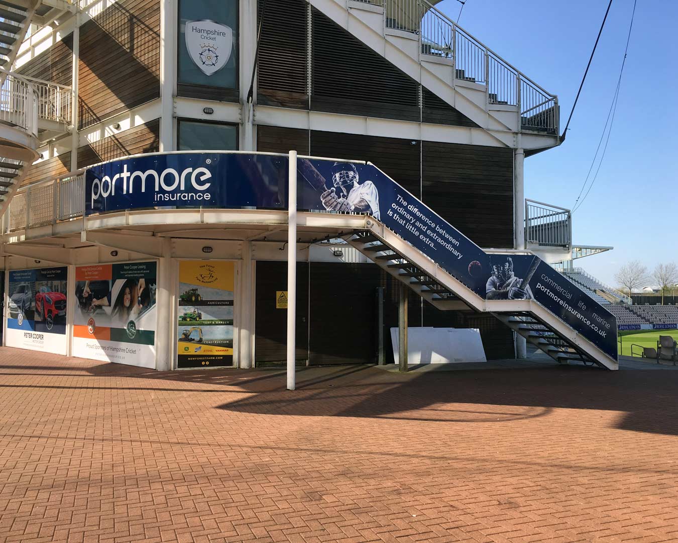 Signage for Portmore Insurance at the Ageas Bowl