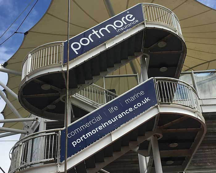 A printed composite panel affixed to an external stairwell A printed composite panel affixed to an external stairwell